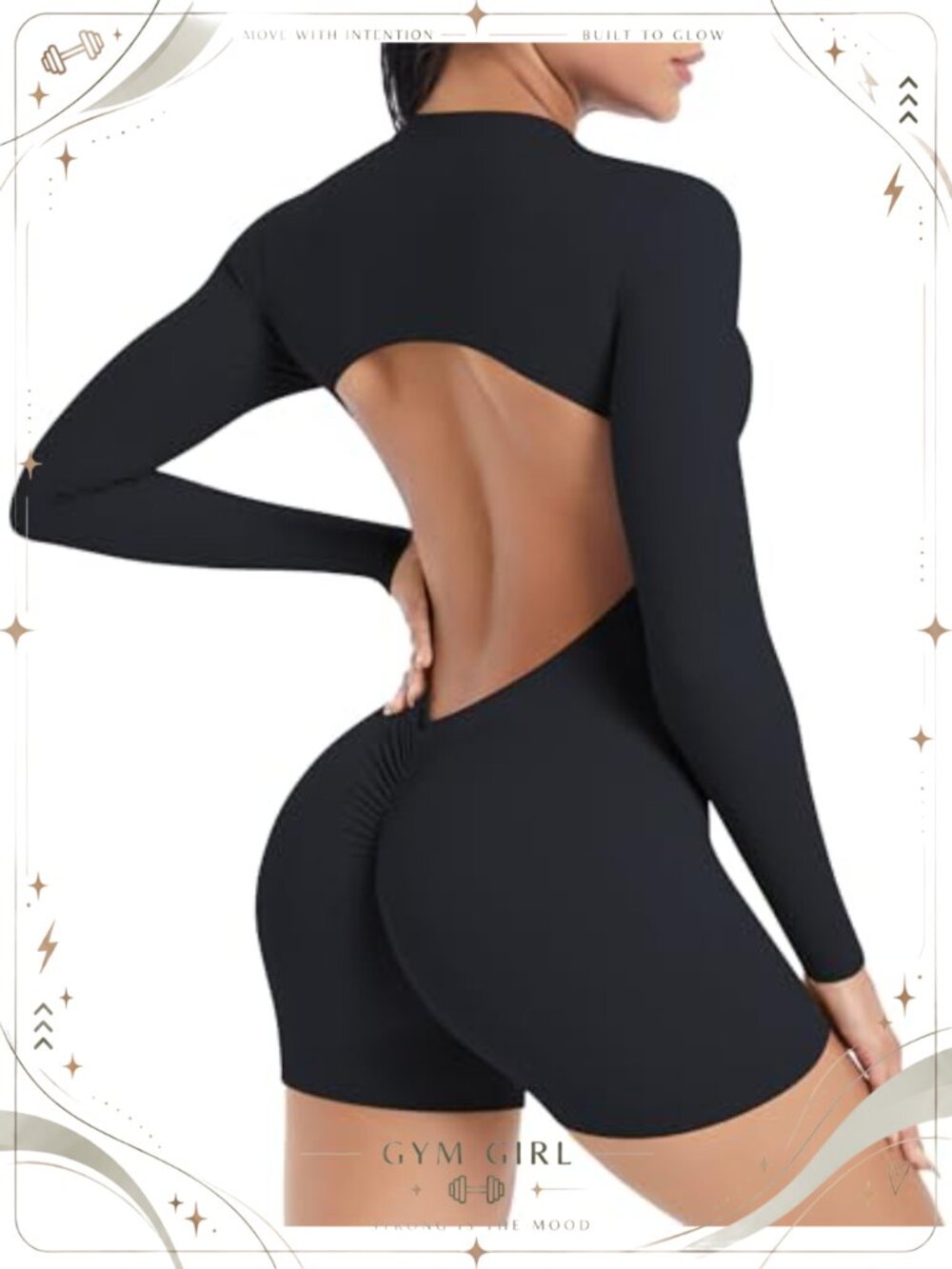 FEOYA Women Long Sleeve Zip Bodysuit Backless Yoga Jumpsuit